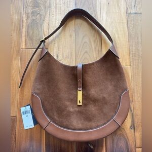 Ralph Lauren Polo ID Suede Large Shoulder Bag Brown Suede Shoulder Hobo